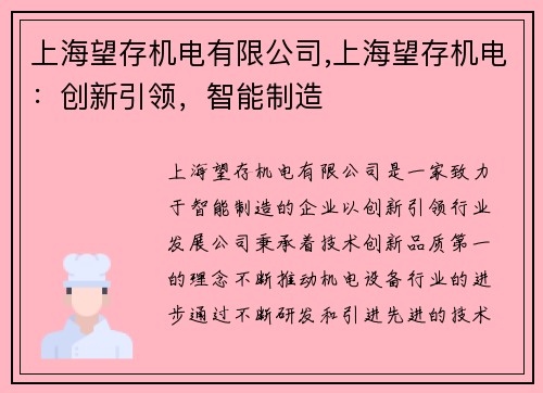 上海望存机电有限公司,上海望存机电：创新引领，智能制造